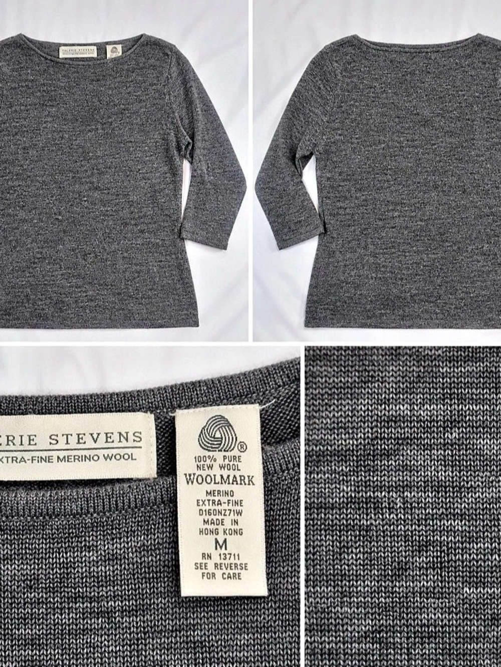 Valerie Stevens Merino Wool Crew Neck Sweater Gray Medium